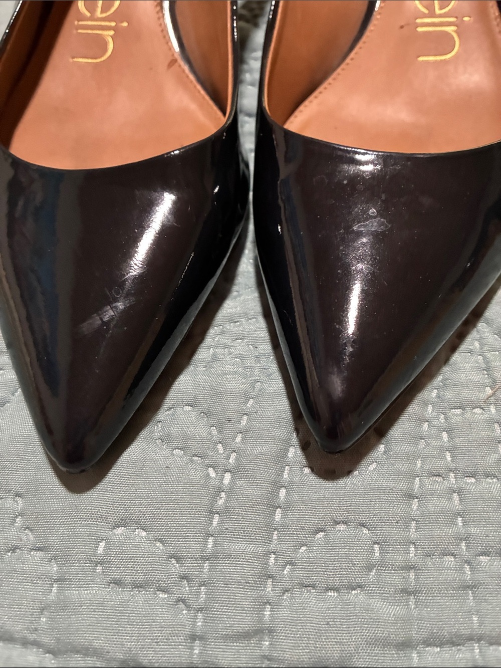 Calvin Klein Black Patent Pointed Slingback Heels with Gold Buckle - Picture 3 of 6